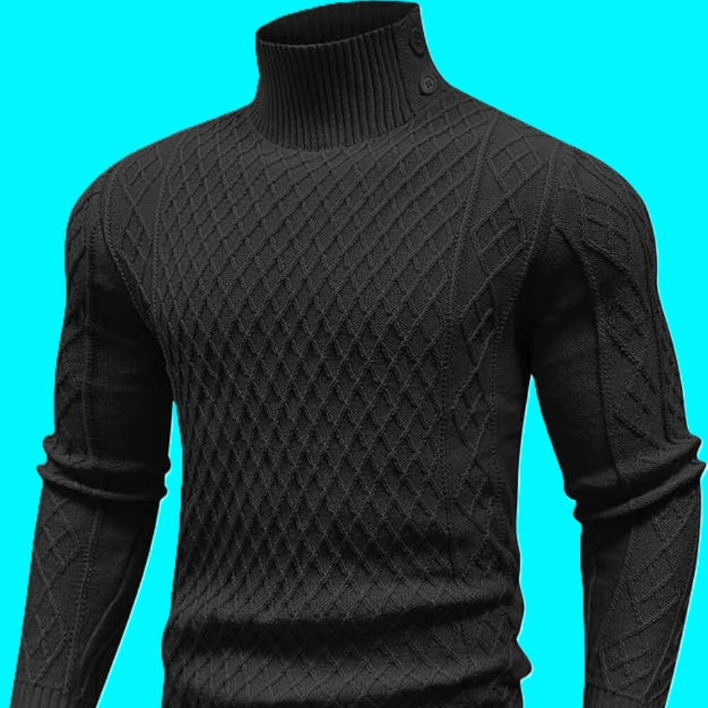 Men's Casual Button Mock-Neck Pullover Multi-Cable Sweater ~ Black (XL-2XL) NWT